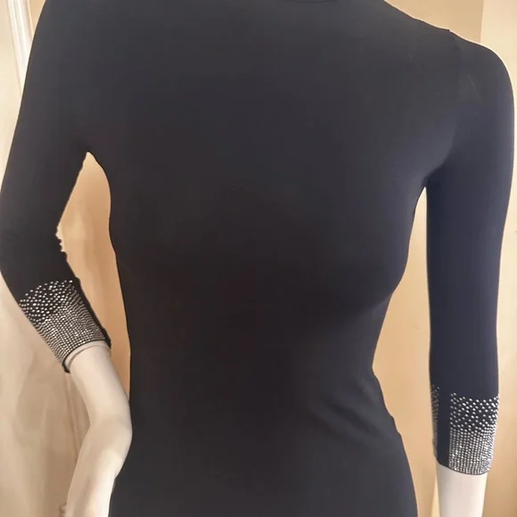 KIKIRIKI Black Long-Sleeve Crewneck Top with Crystal-Embellished Cuffs size S - Picture 5 of 15